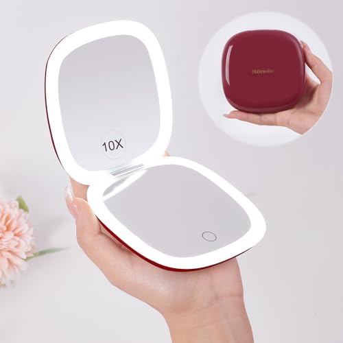 Mocado Compact LED Travel Makeup Mirror – 4 Inches 1X/10X Magnification Travel Mirror with Light Dimmable Double Sides Lighted USB Rechargeable Compact Mirror for Purse,Pocket,Travel(Wine Red)