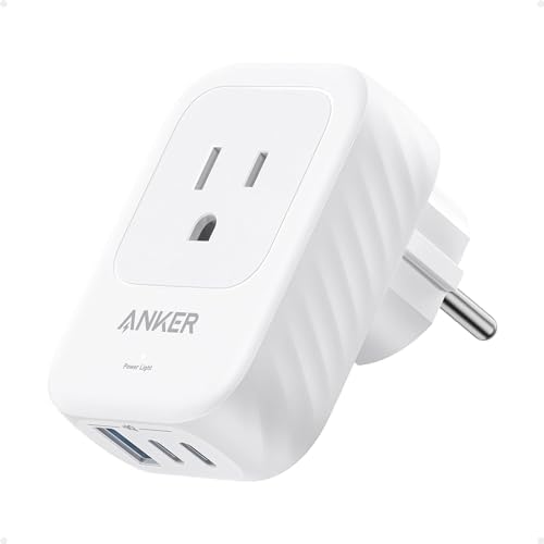 European Travel Plug Adapter USB C 15W,Anker International Power Plug with 2 AC Outlets, 2 USB C, and 1 USB A Port, Ideal for iPhone15, iPad Air, and More, Compact for Travel, Cruise (TUV Listed)