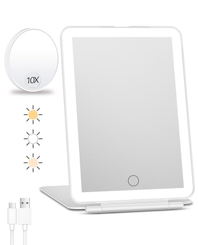 FUNTOUCH Rechargeable Travel Makeup Mirror with Lights and 10X Magnifying Mirror, Portable Lighted Vanity Mirror with 80 Led,2000mAh Battery,3 Color Lighting,Touch Dimming,Tabletop Light up Mirror