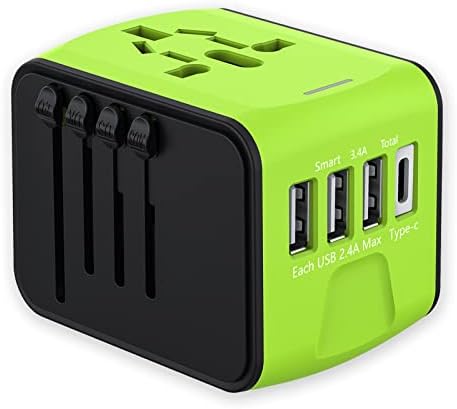 RXSQUL Universal International Power Travel Plug Adapter, 5 in 1 European Adapter W/ 2.4A 3xUSB-A 3.0A 1xUSB C Wall Charger and Worldwide AC Outlet for Europe USA UK AUS Asia-Green