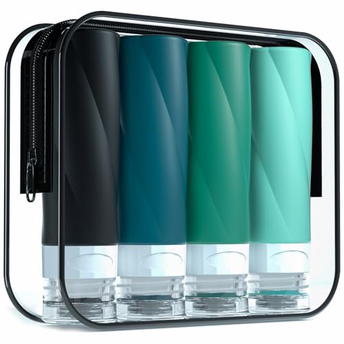 Gemice Travel Bottles for Toiletries, 3oz Tsa Approved Travel Size Containers BPA Free Leak Proof Squeezable Silicone Travel Size Containers, Travel Accessories with Clear Toiletry Bag (4 Pack)