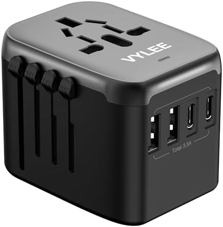 Universal International Power Travel Plug Adapter, 5 in 1 European Travel Plug Adapter W/ 3.5A 2xUSB-A and 2xUSB C Wall Charger and Worldwide AC Outlet for Europe USA UK AUS Asia (Black Grey)