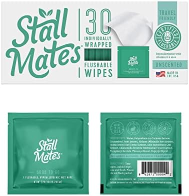 Stall Mates Wipes – Flushable Wipes | Individually Wrapped | Travel Friendly | Unscented with Vitamin-E & Aloe | (30 on-the-go singles)