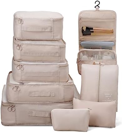 OrgaWise Luggage Organizer Bag 9 Set, Suitcase Cube Organizer for Carry ons, Travel Packing Organizers Cubes for Travel Essentials Packing, Travel Accessories (9PCS-Beige)