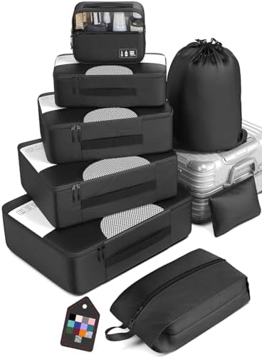 Veken 8 Set Packing Cubes for Suitcases, Travel Essentials for Carry on, Luggage Organizer Bags Set for Travel Accessories in 4 Sizes (Extra Large, Large, Medium, Small), Black