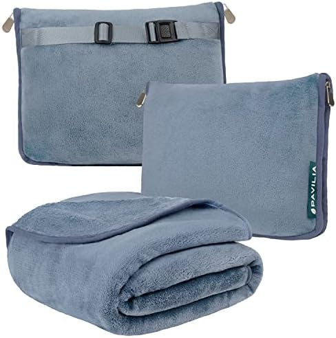 PAVILIA Travel Blanket Pillow, Soft Airplane Blanket 2-IN-1 Combo Set, Plane Blanket Compact Packable, Flight Essentials Car Pillow, Travelers Gift Accessories Luggage Backpack Strap, 60×43 Slate Blue