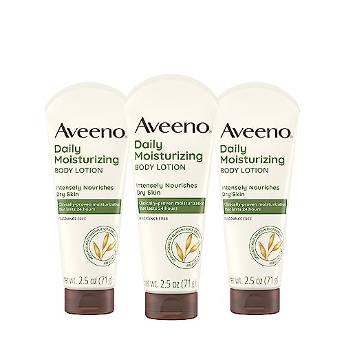 Aveeno Daily Moisturizing Body Lotion, Gentle Lotion Nourishes Dry Skin With Moisture, Soothing Prebiotic Oat, Fragrance-Free, Non-Comedogenic, Travel-Size, Pack of Three, 3 x 2.5 fl. Oz