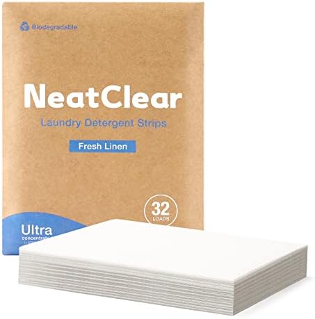 Eco-friendly Laundry Detergent Sheets, Travel Size Liquidless Soap Sheets NeatClear | No Mess & Space-Saving, Great For Travel, Apartments, Dorms | Fresh Linen Scent 32 Laundry Strips (32 Loads)