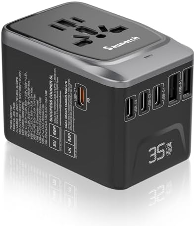 SAUNORCH Universal Travel Adapter, PD 35W 7 in 1 International Power Plug Adapter with 7.0A 4 USB-C and 2 USB-A Fast Wall Charger, Worldwide AC Outlet for US Europe UK AUS (Silver+Black)