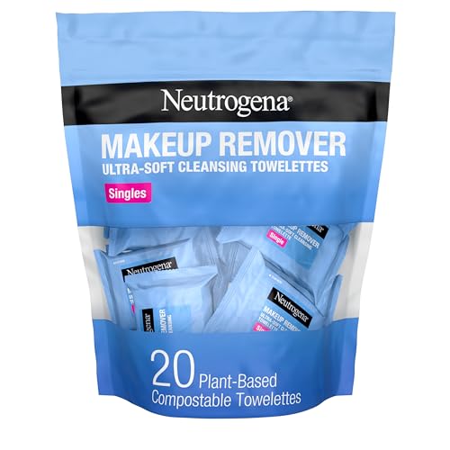 Neutrogena Makeup Remover Facial Cleansing Towelette Singles, Daily Face Wipes Remove Dirt, Oil, Makeup & Waterproof Mascara, Gentle, Individually Wrapped, 100% Plant-Based Fibers, 20 ct