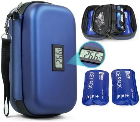 Gosemai 24h Insulin Cooler Travel Case TSA Approved Medication Diabetic Cooler For Travel With Thermometer Temperature Display Refrigerated Medicine Organizer Bag With 2 Ice Pack