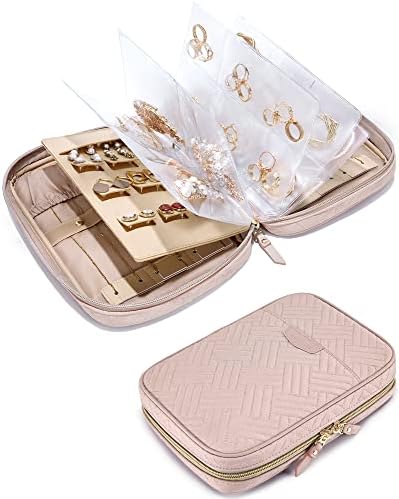 BAGSMART Jewelry Travel Organizer Case Transparent Jewelry Storage Book Ring Binder Jewelry Bags Clear Booklet Jewelry Rolls Zipper Pouch Bag for Necklaces, Earrings, Rings, Bracelets, Pink