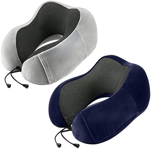 urnexttour Travel Pillow for Airplane-2 Pack Memory Foam Neck Pillows, Soft & Support Travel Essentials for Travelling, Sleeping Rest, Car, Train and Home Use(Grey&Blue)