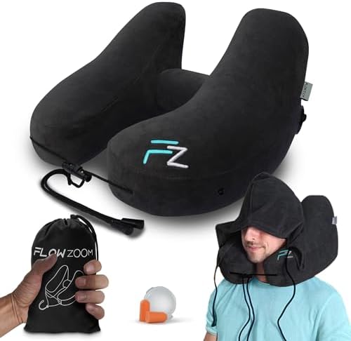 AIR Inflatable Travel Pillow – Hooded Neck Pillow Airplane – Travel Neck Pillow – Car & Plane Pillow – Airplane Pillow for Long Flight – Inflatable Neck Pillow for Traveling on Plane – Black