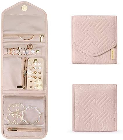 BAGSMART Travel Jewelry Organizer Case Foldable Jewelry Roll for Journey-Rings, Necklaces, Earrings, Bracelets,Mini,Soft Pink