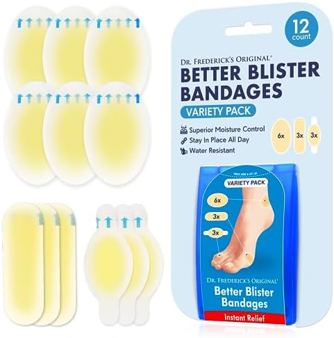 Dr. Frederick’s Original Better Blister Bandages – 12ct – Water Resistant – 25% More Cushioning – Hydrocolloid Bandages for Foot, Toe, & Heel – Blister Pads for Prevention & Recovery – Variety Pack