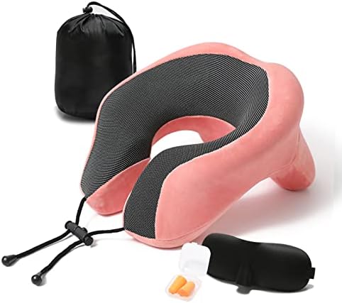 Memory Foam Neck Pillows for Travel,Adjustable Travel Neck Pillow for Airplanes Travel Essentials, Ergonomic Plane Travel Pillows for Sleeping Airplane, Car, Train, Bus (Pink)