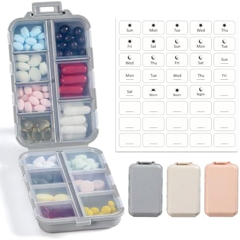 3 Pack, 14 GRIDS Travel Pill Organizer Box with Labels – Travel Medicine Case Kit – Pocket Daily Pharmacy Container – Travel Medication Holder Dispenser for Fish Oil Vitamin Supplement Storage