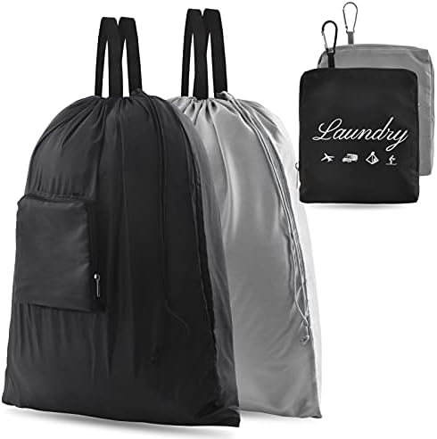 2 Pcs JHX Dirty Laundry Bag【Upgraded】 with Handles and Aluminum Carabiner, Collapsible Clothes Bag for Travel, Camp, Fitness, and Students (Black&Grey) 24″L x 21″W