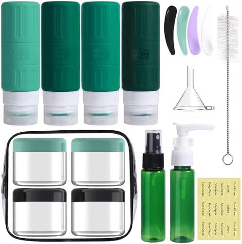 GLAMFIELDS Travel Bottles for Toiletries,TSA Approved 3.3oz Size LeakProof Silicone Toiletry Containers for Shampoo, Conditioner,Easy to Squeeze，Portable Travel Essentials for Lotion(18 Pack) Green