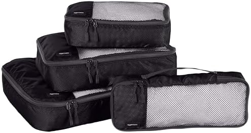 Amazon Basics 4 Piece Packing Travel Organizer Zipper Cubes Set, Small, Medium, Large, and Slim, Black