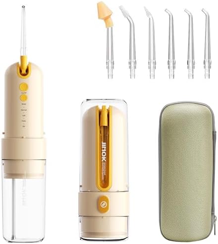 JIMOK Water Dental Flosser Cordless for Teeth Portable Oral Irrigator, 4modes with DIY, 6jet Tips, Removable Water Tank for Easy Cleaning, Portable Case for Home Travel(Yellow)