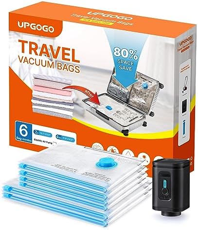 UPGOGO Travel Vacuum Bags with Prtable Electric Pump (Combo 6 Pack),Vacuum Seal Bags for Clothing,Space Saver Vacuum Storage Bags,Vacuum Travel Bags for Luggage,Travel Essentials