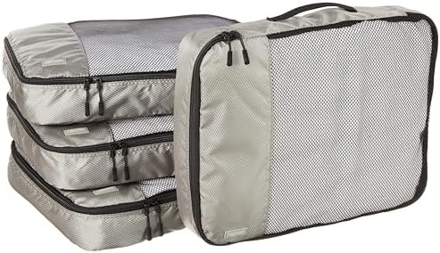 Amazon Basics 4 Piece Packing Travel Organizer Cubes Set, Zipper, Large, Gray