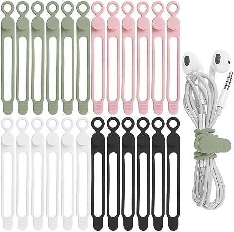 Nearockle 24Pcs Silicone Cable Straps Cord Organizer for Bundling Earphone, Phone Charger, Computer Cords, Reusable Cable Ties Wire Organizer in Home,Office,Kitchen,School (4 Colors)