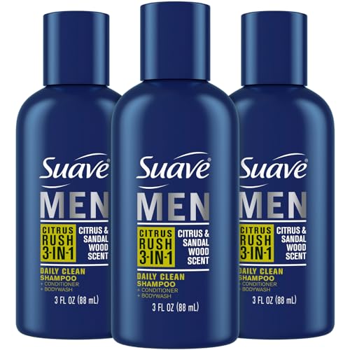 Suave Men Body Wash 3-in-1 Citrus Rush – Travel-Size Shampoo, Conditioner & Body Soap All-in-One Formula with Keratin for Healthy Hair & Skin, 3 Oz Ea (Pack of 3)