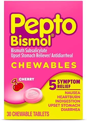 Pepto Bismol Chewables, Upset Stomach Relief, Bismuth Subsalicylate, Multi-Sympton Relief of Gas, Nausea, Heartburn, Indigestion, Diarrhea, Cherry Flavor, 30 Tablets