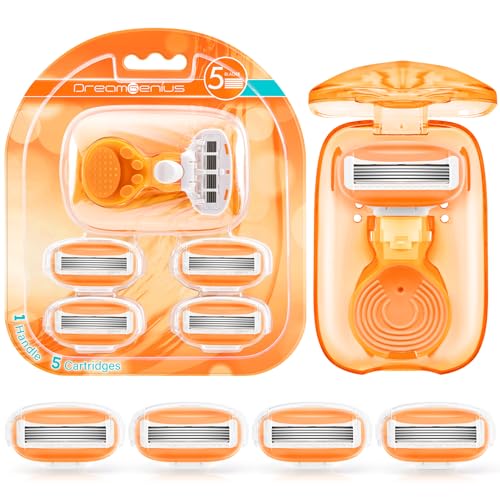 Travel Razors for Women Include 1 Handle and 5 Cartridges, Portable 5-Blade Mini Razor with Travel Case, The Best Travel Size Toiletries for Women, Orange