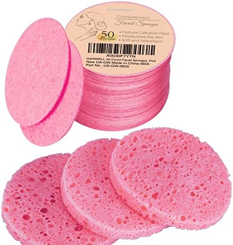 GAINWELL 50-Count Compressed Facial Sponges for Daily Facial Cleansing and Exfoliating, 100％ Natural Cosmetic Spa Sponges for Makeup Remover, Reusable, Pink